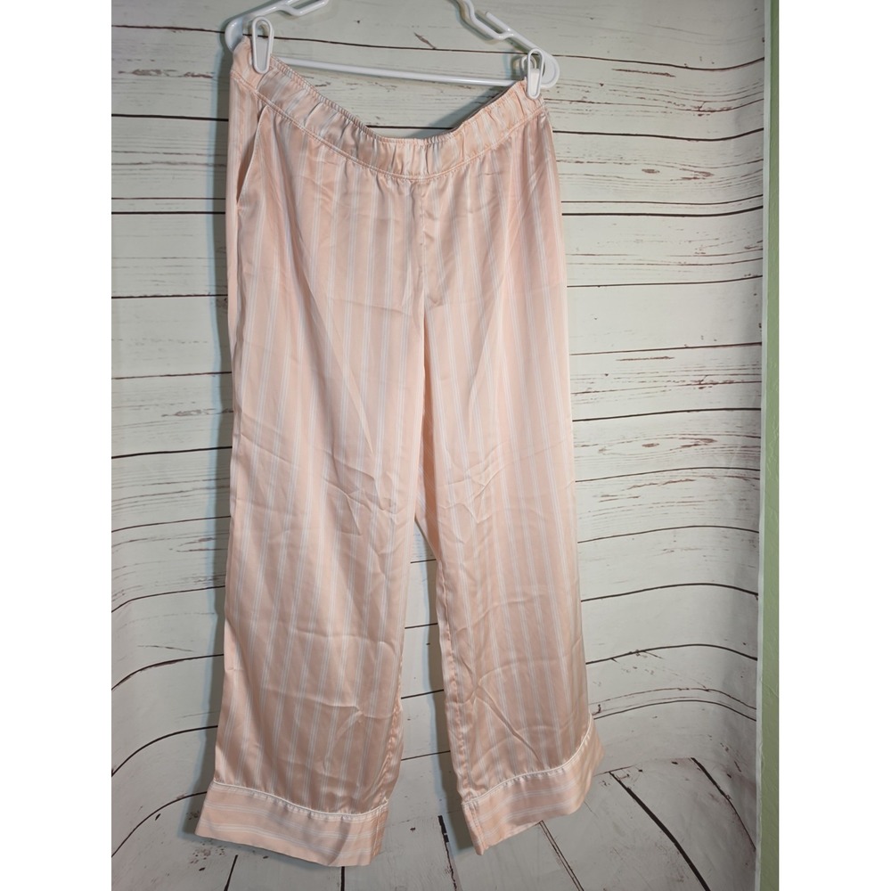 Soma Pajama Set Womens Large Peach White Striped Satin Long Sleeve Pants 2pc